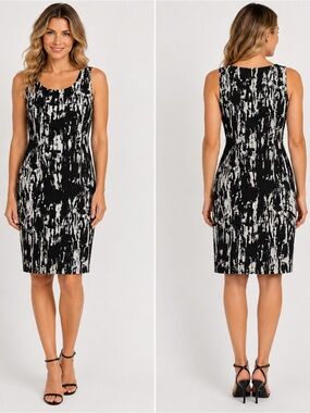 Metrostyle Womens 16 Black White Abstract Sheath Dress Sleeveless Career Lined